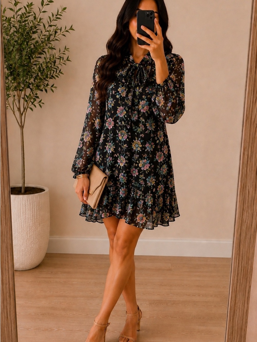 Banana Republic Black Floral Sheer Tie-Neck Ruffle Hem Dress Women’s M Romantic